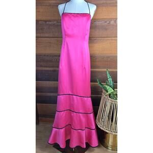 ZumZum Vintage 90s Y2K Satin Dress 13/14 Barbie Pink Bow Halter Mermaid Prom USA